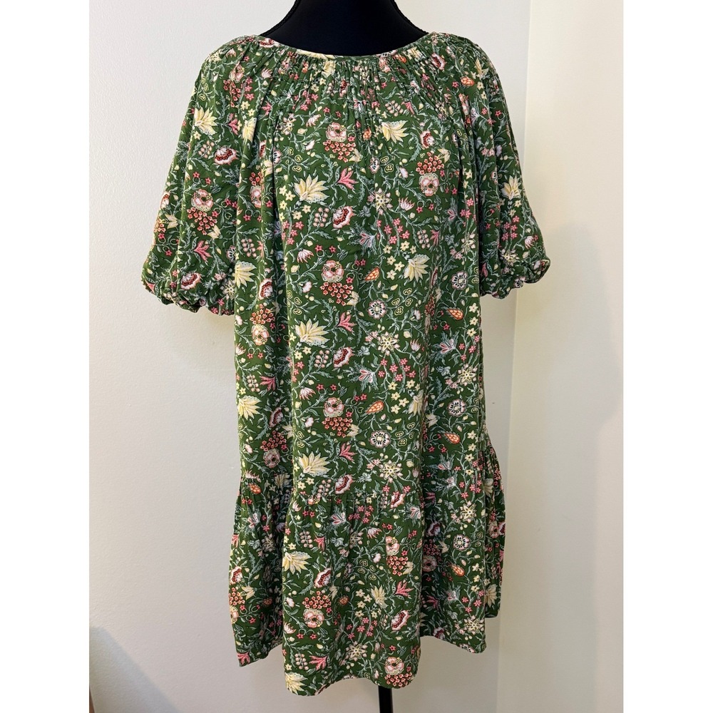LOFT Green Floral Puff Sleeve Tiered Mini Dress Womens Small Cottagecore Shift